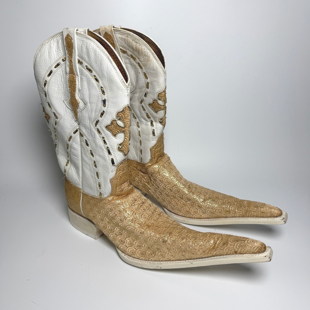 El General 1901 Mens 7.5 White Gold‎ Leather Western Cowboy Boots Pointed Toe